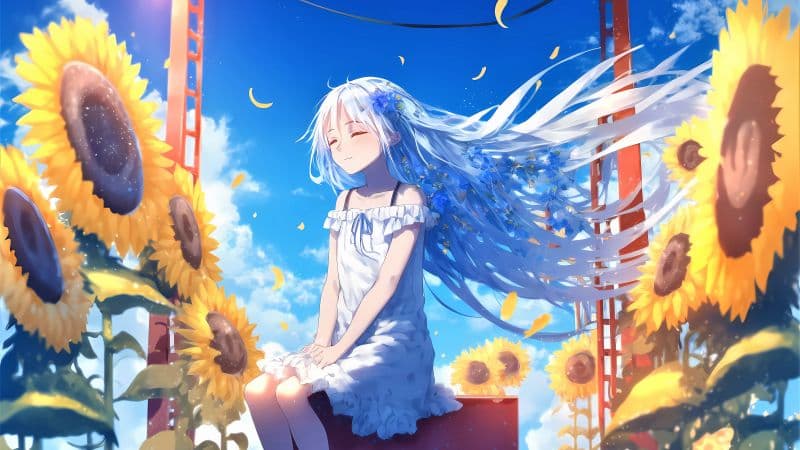 Happy girl Sunflowers Wallpaper