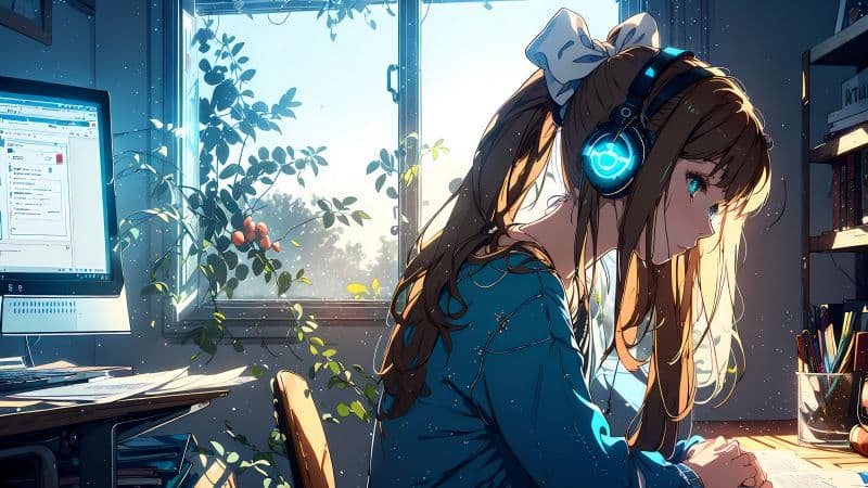 Anime girl Listening music Wallpaper
