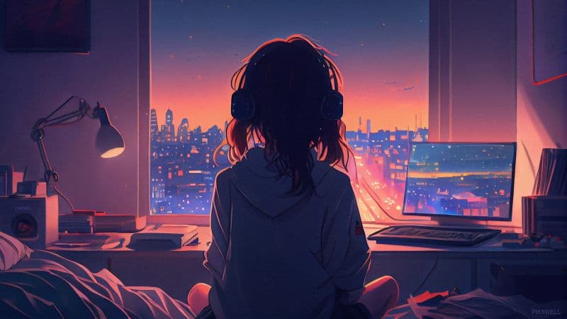 Anime Lofi girl Listening music Wallpaper