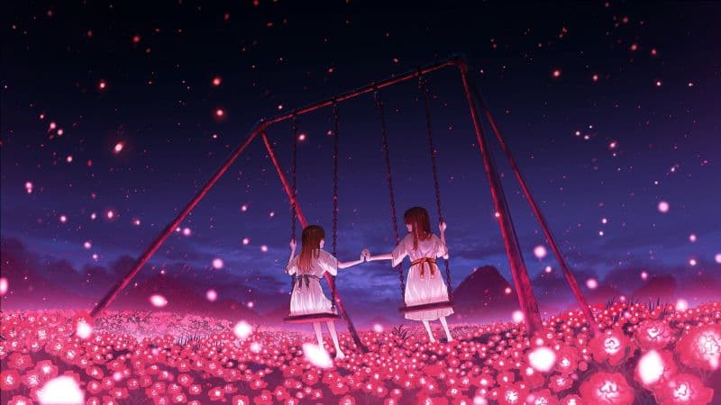 Swinging Japanese anime girls Wallpaper