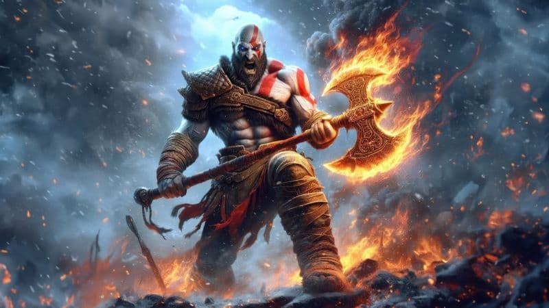 Kratos holding Axe on fire Wallpaper