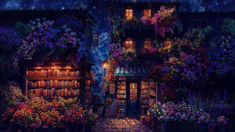 Cozy Night Book Shop Wallpaper