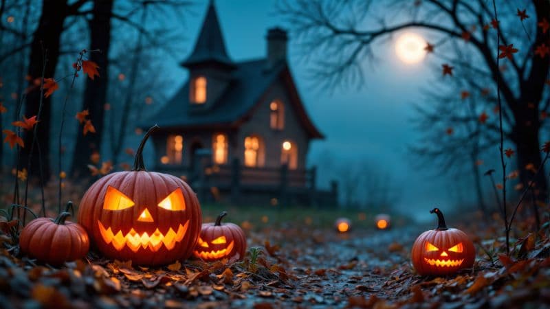 Haunted house Halloween pumpkins Wallpaper