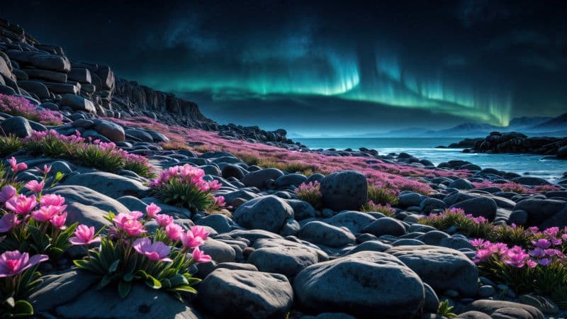Rocky beach Aurora sky Wallpaper