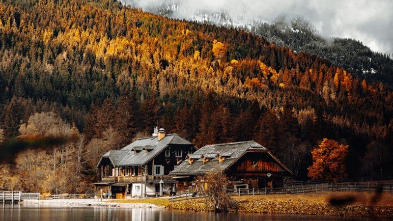 Wooden House Lakeside Wallpaper