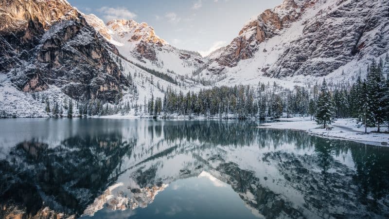 Pragser Wildsee Snow covered Wallpaper