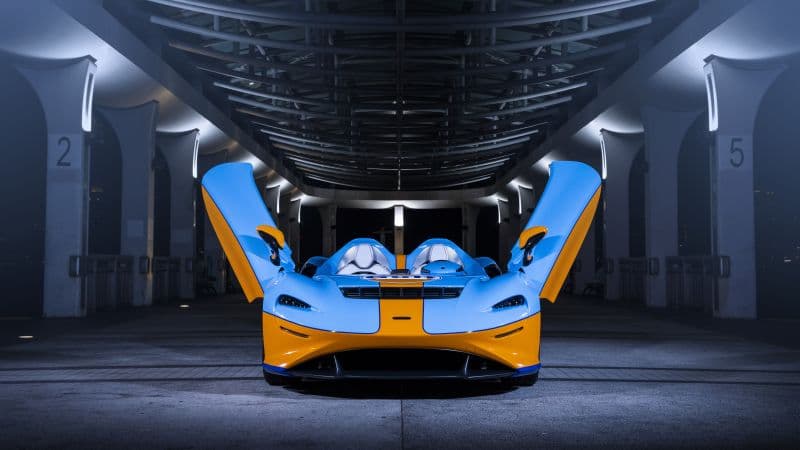 McLaren Elva Gulf Theme 8K Wallpaper