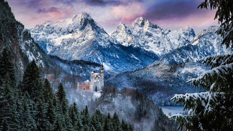 Neuschwanstein Castle Winter Mountains Wallpaper